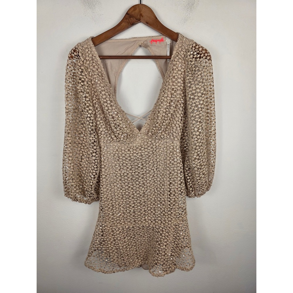 Free People Kaya Sequin Crochet Lace Up Open Back Mini Dress Beige XS OB1144410